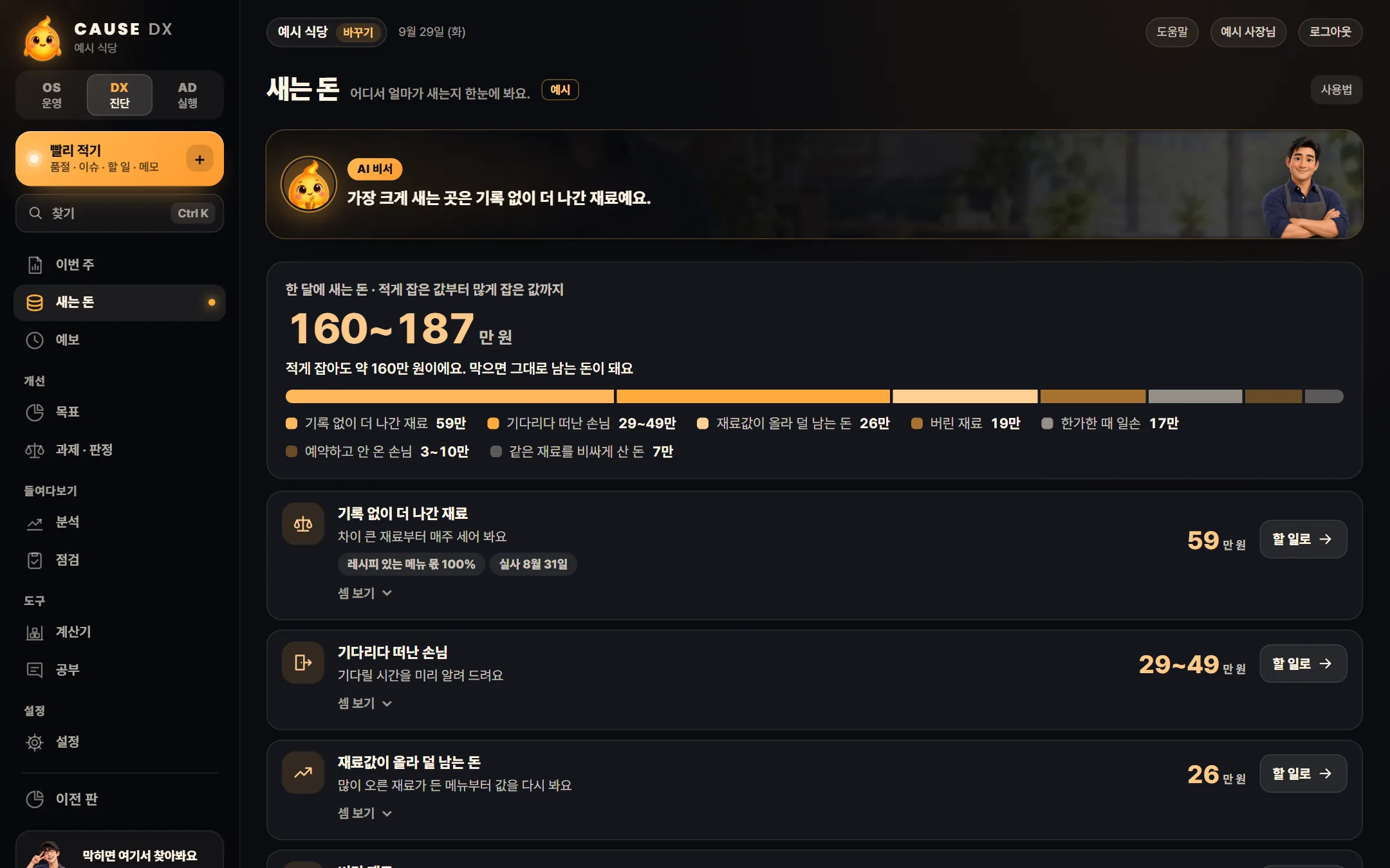예시 식당 사장님 PC 진단 새는 돈. 줄마다 한 달 금액